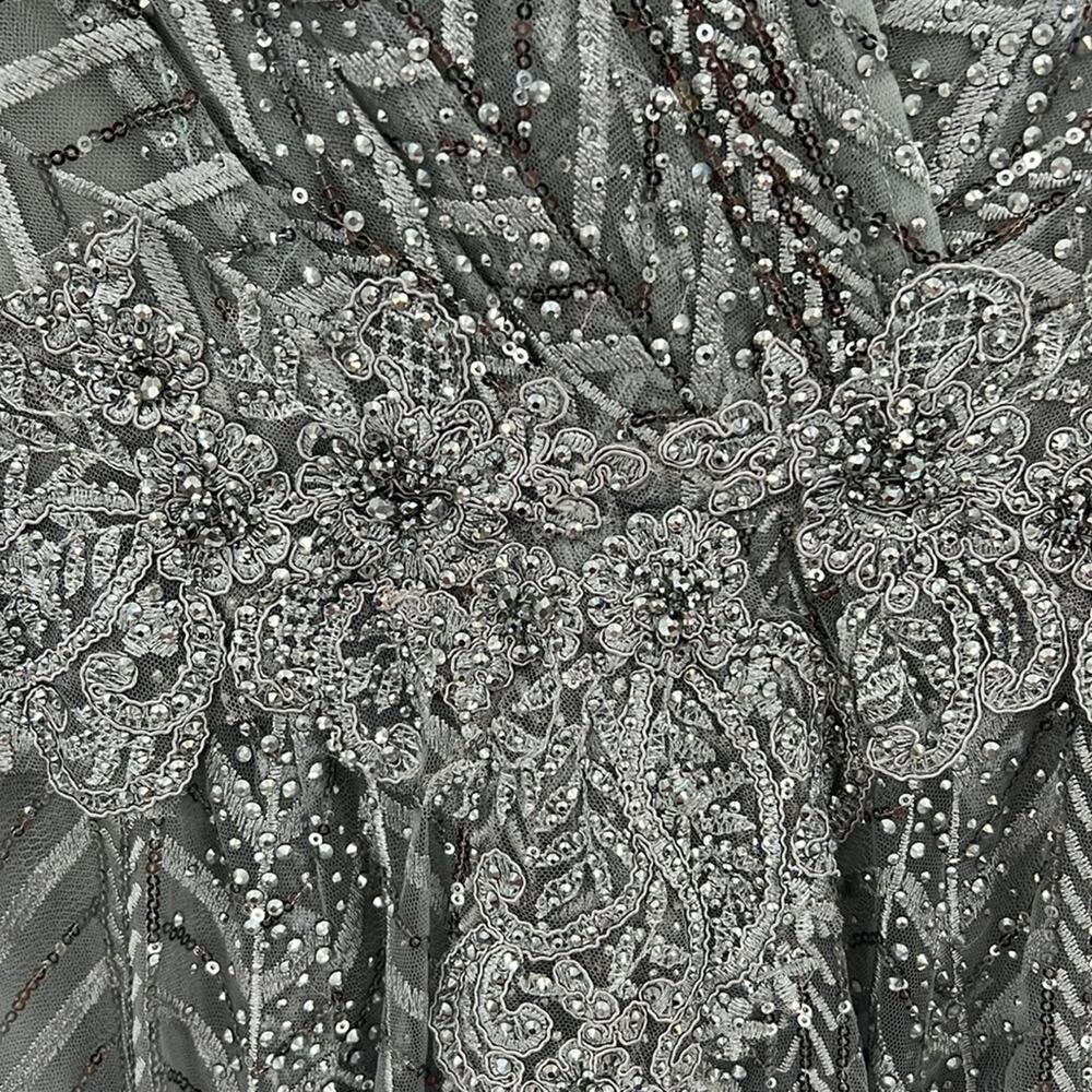 Mac Duggal 20189 Silver Embellished Illusion Long Sleeve Wrap Over A Line Gown - Picture 8 of 14